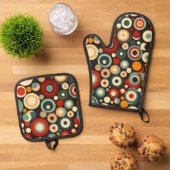 Retro Circles Formen Nahtloses Muster farbig Ofenhandschuh & Topflappen-Set (Oben Unten)