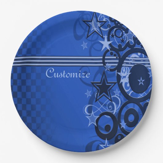 Retro Circles & Stars Blue Paper-Teller Pappteller (Vorderseite)