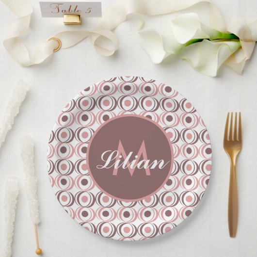 Retro Circular Earthy Tone Pink Mit Monogramm Pappteller (Hochzeit)
