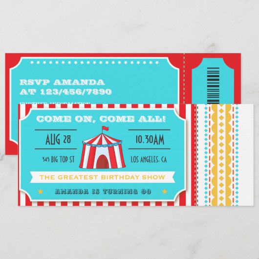 Retro Circus Ticket Kindergeburtstag Party Einladung (Vorne/Hinten)