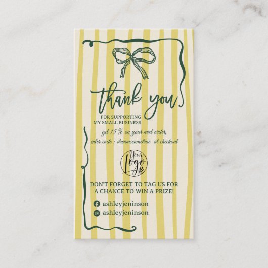 Retro Citrus Green Bow Logo QR Thank You Order Visitenkarte (Vorderseite)