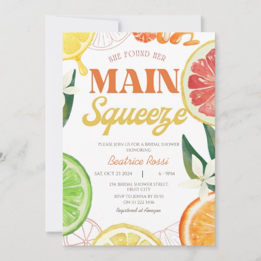 Retro Citrus Main Squeeze Summer Brautparty Einladung (Vorderseite)