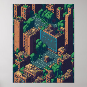 Retro City Top Down Pixel Art Wall Poster