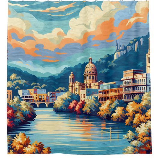 "Retro Cityscape River Sunset" Duschvorhang (Vorderseite)