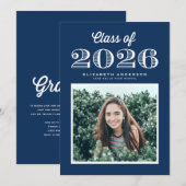 Retro Class of 2024 Navy Blue Foto Abschluss Einladung (Vorne/Hinten)