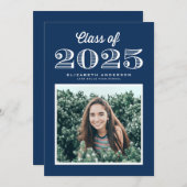 Retro Class of 2024 Navy Blue Foto Abschluss Einladung (Vorne/Hinten)