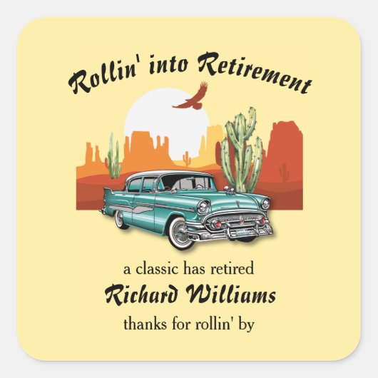 Retro Classic Blue Car Wüste Quadratischer Aufkleber (Vorderseite)