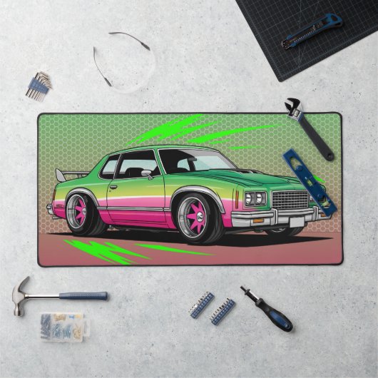 Retro Classic Lowrider, farbenfroh grün & rosa Schreibtischunterlage (Arbeitsplatz)