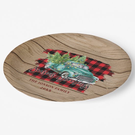 Retro Classic Rustic Wood Frohe Weihnachtswagen Pappteller (Schrägansicht)