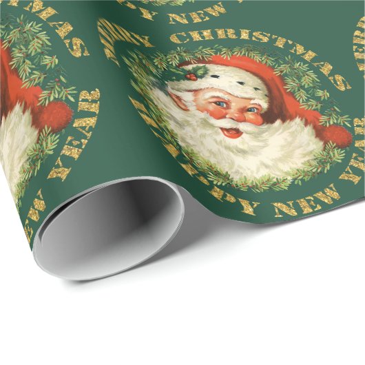 Retro Classic Santa and Wreath Gold Geschenkpapier (Rolleneckpunkt)