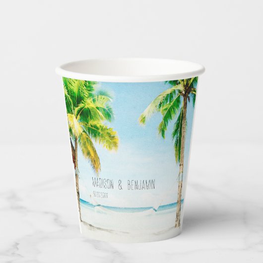 Retro Coastal Beach Palm Trees Tropical Wedding Pappbecher (Vorderseite)
