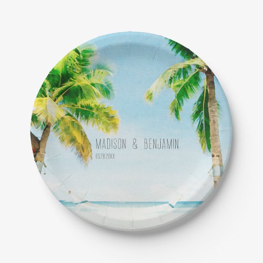 Retro Coastal Beach Palm Trees Tropical Wedding Pappteller (Vorderseite)