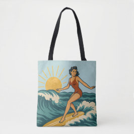 Retro Coastal Pin-Up Surfer Art | Blue Surf Beach Tasche