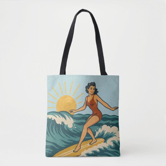 Retro Coastal Pin-Up Surfer Art | Blue Surf Beach Tasche (Vorderseite)