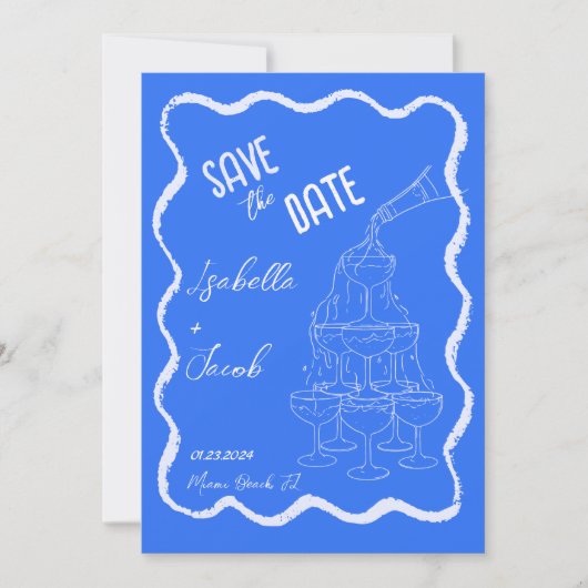 Retro Cobalt Blue Champagne Tower Save the Date Einladung (Vorderseite)