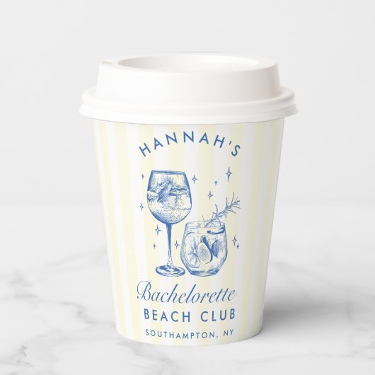 Retro-Cocktail Bachelorette Blau & Gelb Streifen Pappbecher (Rückseite)