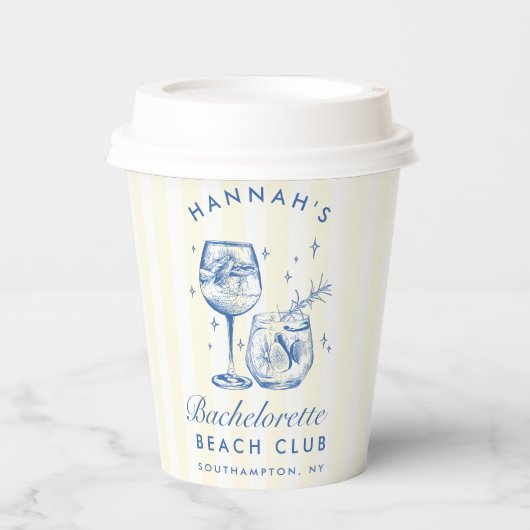 Retro-Cocktail Bachelorette Blau & Gelb Streifen Pappbecher (Vorderseite)