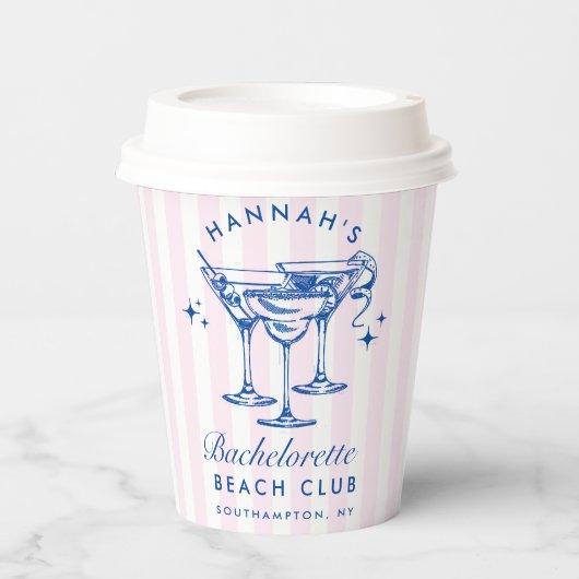 Retro-Cocktail Bachelorette Blau & Rosa Streifen Pappbecher (Vorderseite)