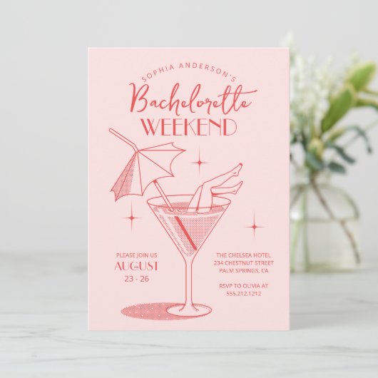 Retro Cocktail Bachelorette Wochenende Ausflug Einladung (Stehend Vorderseite)