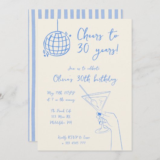 Retro Cocktail Birthday Party striped invitation Einladung (Vorne/Hinten)