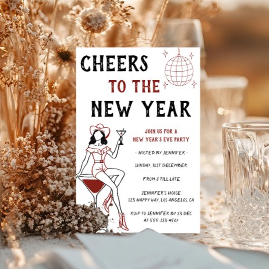 Retro Cocktail Girl Cheers to the New Year Party Einladung