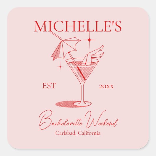 Retro Cocktail Junggeselinnen-Abschied Quadratischer Aufkleber (Vorderseite)