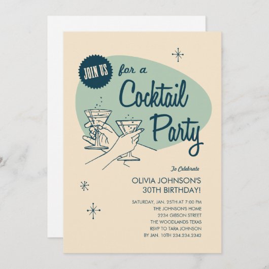 Retro Cocktail-Party Einladungen (Vorne/Hinten)