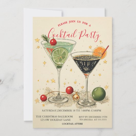 Retro Cocktails Stars Grün Weihnachten Einladung (Vorderseite)