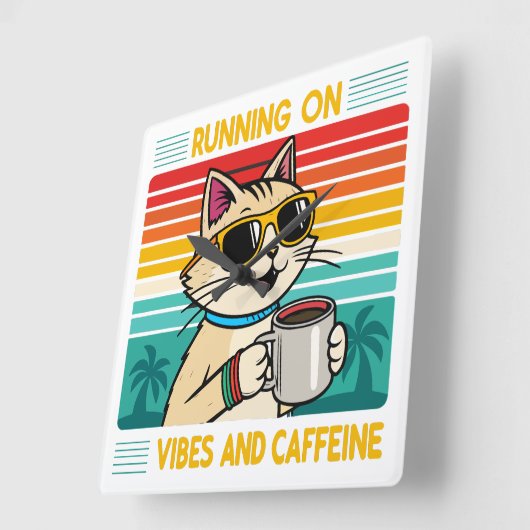 Retro Coffee Cat Vibes - Funny Caffeine Lover Quadratische Wanduhr (Winkel)