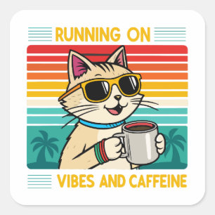 Retro Coffee Cat Vibes - Funny Caffeine Lover Quadratischer Aufkleber