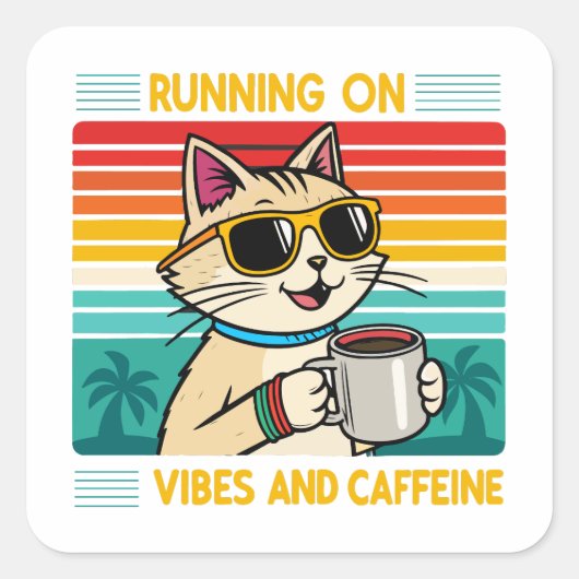 Retro Coffee Cat Vibes - Funny Caffeine Lover Quadratischer Aufkleber (Vorderseite)