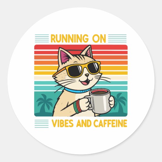 Retro Coffee Cat Vibes - Funny Caffeine Lover Runder Aufkleber (Vorderseite)