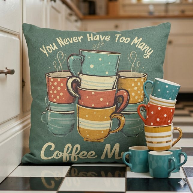 Retro Coffee Tasse Stack Illustration Kissen (Retro Coffee Mug Stack Illustration Throw Pillow With Stack of Mugs)