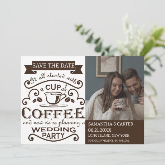 Retro Coffee themed weded Save the Date Design Einladung (Stehend Vorderseite)