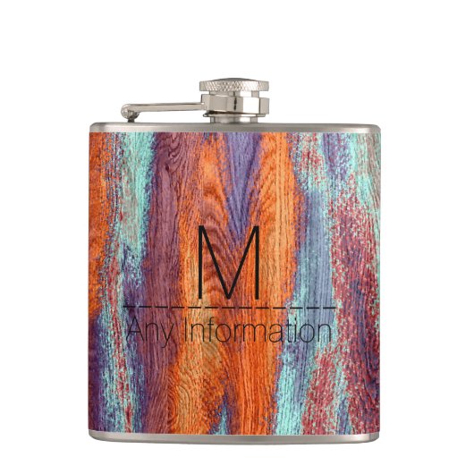 Retro Color Wood Grain Texture Monogram Flachmann (Vorderseite)