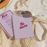 Retro Colorful Bright Funky Moderne trendige Hochz Menükarte<br><div class="desc">Ein buntes Retro funky modernes helles Abendmenü. Das elegante Vorlagendesign des boho Vintagen Lavendelhintergrundes und der bordeauxroten Typografie sowie handgeschriebene Menügerichte mit handgezeichnetem Rahmen. Perfekt und passend zu der ganzen Suite.</div>