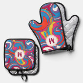 Retro Colorful Groovy Art Monogram Custom Ofenhandschuh & Topflappen-Set (Vorderseite/Rückseite)