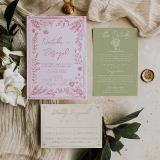 Retro Colorful Hand Drawn Floral Garden Wedding Einladung