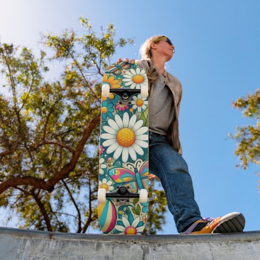 Retro Colorful Hippie Flowers Unisex Skateboard (Außenbereich 1)
