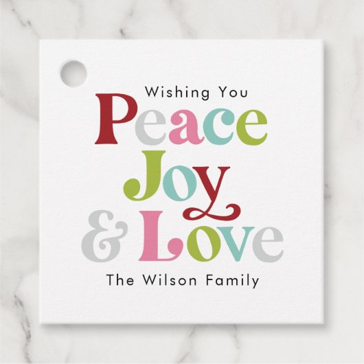 Retro Colorful Peace Joy & Liebe Weihnachtsfamilie Geschenkanhänger (Vorderseite)