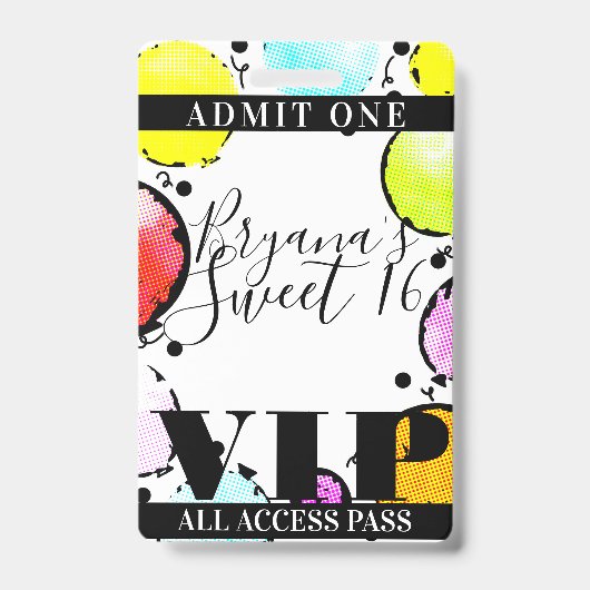 Retro Comic Balloons Sweet 16 Party VIP Pass Ausweis (Vorderseite)
