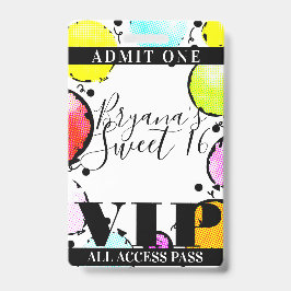 Retro Comic Balloons Sweet 16 Party VIP Pass Ausweis