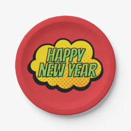 Retro Comic Book Style Happy New Year Paper Plate Pappteller