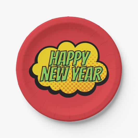 Retro Comic Book Style Happy New Year Paper Plate Pappteller (Vorderseite)