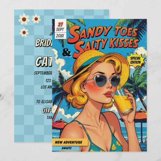 Retro Comic Buchabdeckung Tropischer Bridal Brunch Einladung (Vorne/Hinten)