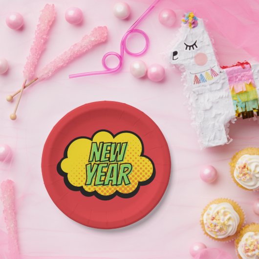 Retro-Comic Buchstil Neues Jahr Pappteller (Party)