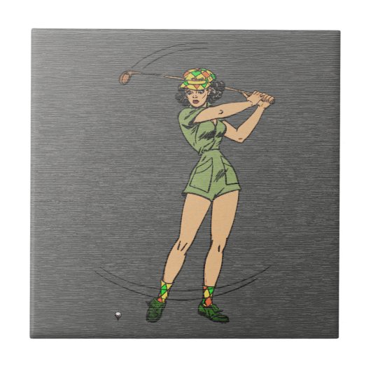 Retro-Comic-Dame-Golferin Fliese (Vorderseite)