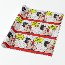 Retro Comic Frauen am Telefon glücklich Geburtstag Geschenkpapier