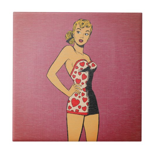 Retro-Comic-Herz-Badeanzug-Pinup Fliese (Vorderseite)