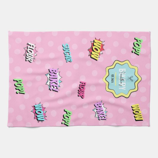 Retro Comic Rosa Pop Kunst Backwaren Koch Geschirrtuch (Horizontal)